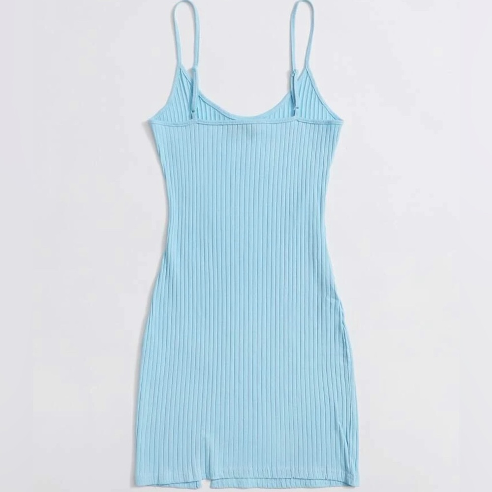 SHEIN spilt Hem Rib-knit bodycon dress. Light blue.